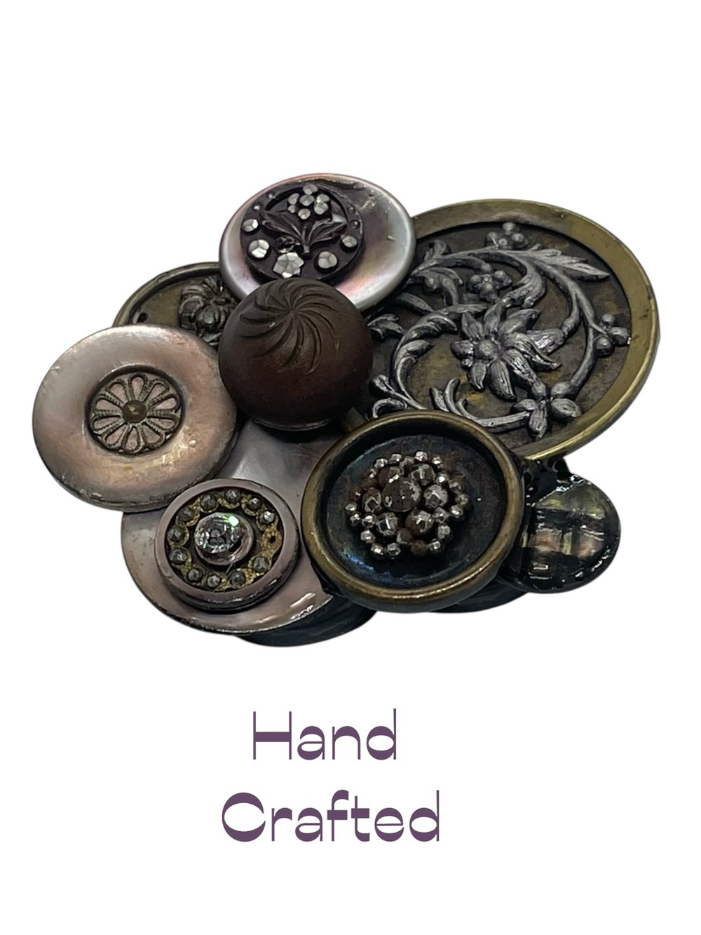 Hand Crafted Antique Buttons Silver Bronze Gold Metal Brooch NWT